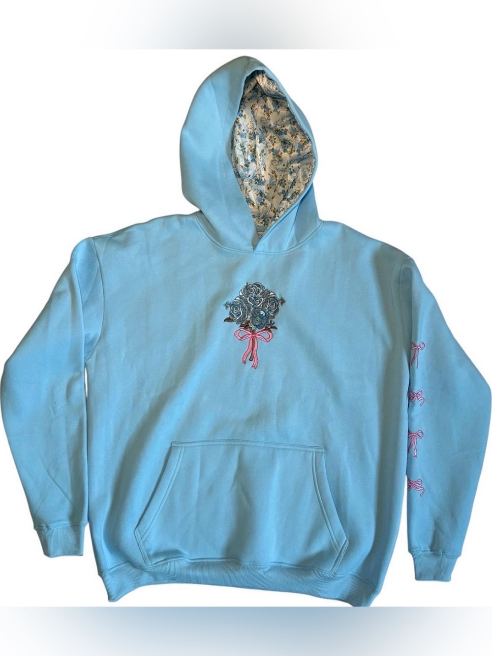 Light Blue Floral Bouquet Hoodie with Pink Bow